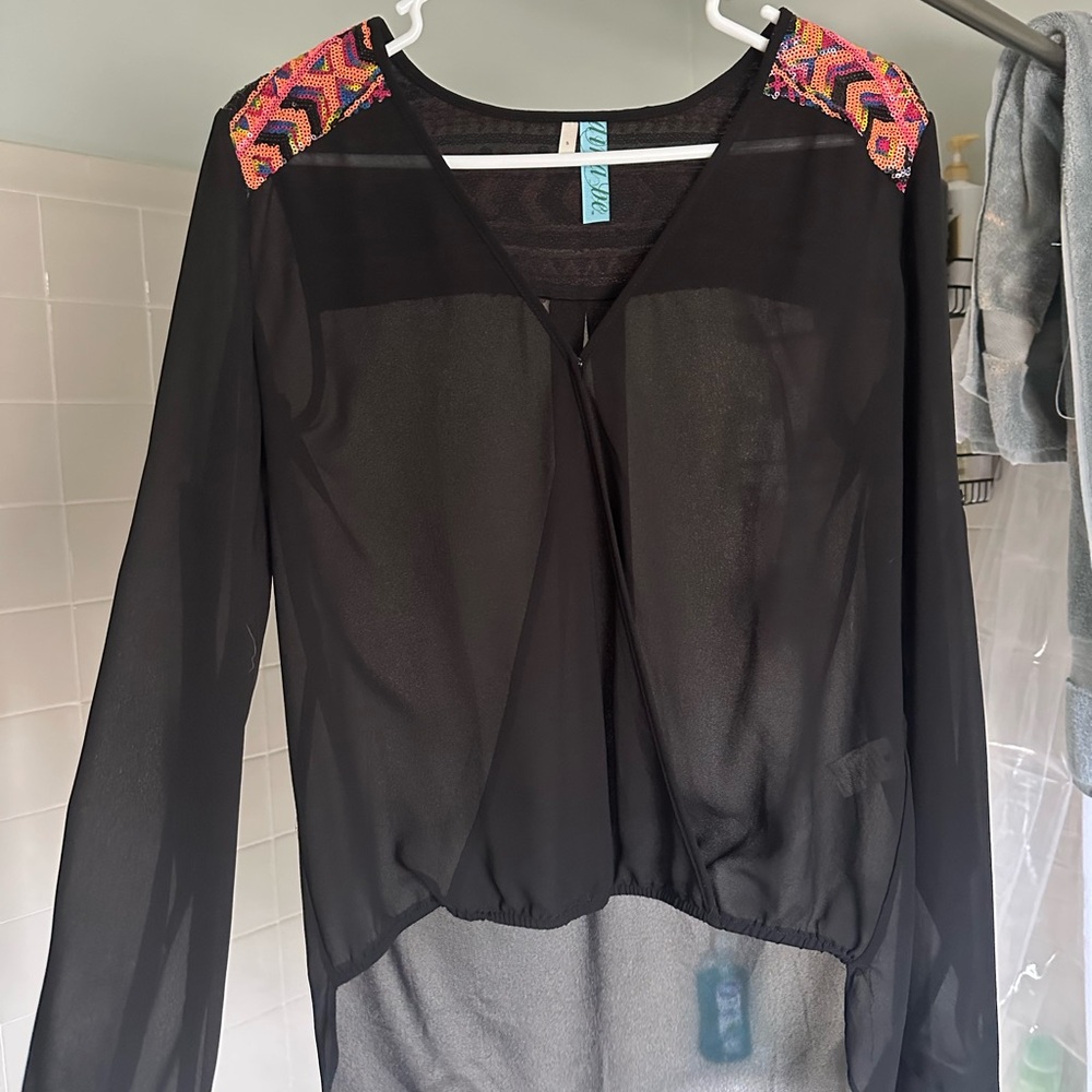 LuLaRoe Black Asymmetrical Blouse with Embellished Details